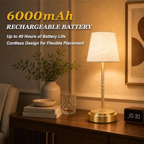 Rechargeable Cordless Table Lamp, Battery Operated Bedside Lamp, Gold