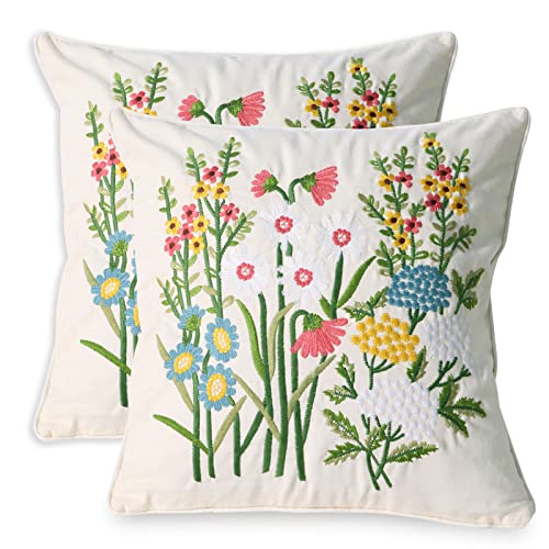 Set of 2 Embroidered Decorative Throw Pillow Covers Couch Square Pillowcases Cushion for Bedroom Sofa Farmhouse Decor 18x18 Inch (Daisy) - color: Daisy