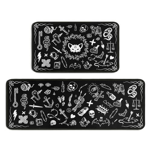 Gothic Rug Set of 2, 17x30+17x47inch, Kitchen Mat with Rubber Backing, Non-Slip, Washable, Black - color: Gothic