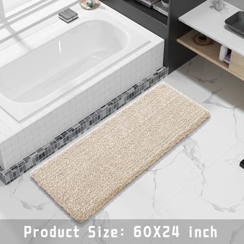 Yimobra Bathroom Runner Rug Non Slip Washable 60x24, Bath Mat, Beige&White - color: Light Beige and White, size: 60" X 24"