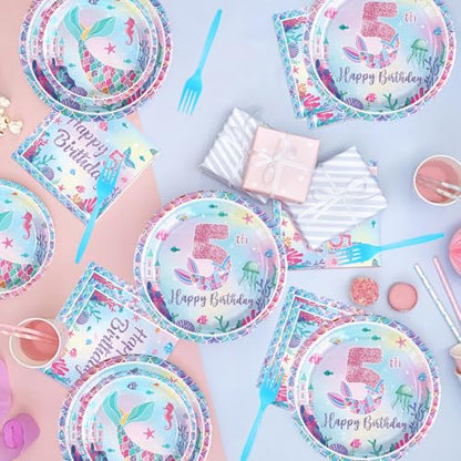 Grencian 96 Pcs Mermaid 5th Birthday Party Decorations for Girls, Serves 24 - style: Mermaid 5th Kit