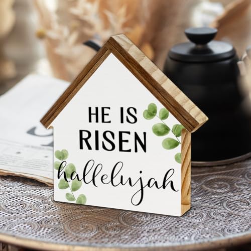 He Is Risen Sign Decor, Easter House Shaped Wood Block Sign - color: HE-1