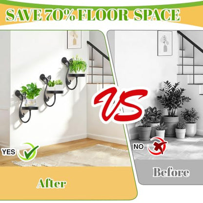 Metal Wall Plant Holder 3Pcs Indoor Outdoor Wall Flower Shelf - color: Black-Butterfly-3Pcs