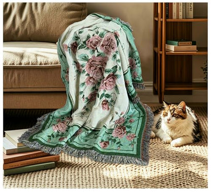 Rose Jacquard Woven Tapestry Throw Blanket 50"x60" - color: Rose