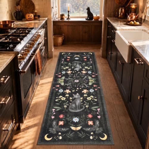 GarveeHome 2x6 Cat Washable Runner Rug for Kitchen, Soft Black Hallway Runner Non Slip Mushroom Moths Entryway Rug Floral Laundry Mat Stain Resistant Carpet for Bedroom Bathroom Beside Rug - color: Black, size: 2' x 6' (Rectangular)