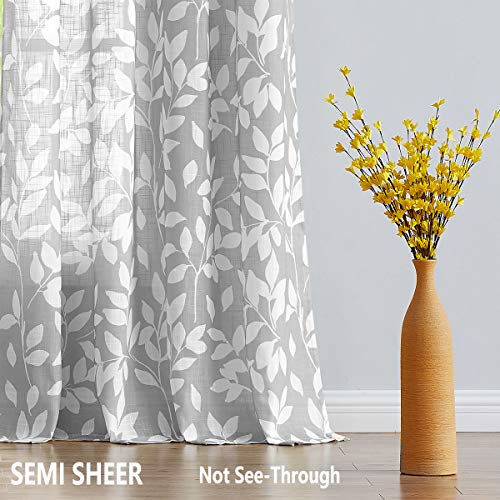 White Grey Leaf Curtains 84" Privacy Semi Sheer Window Drapes Bedroom 2pk - color: Grey, size: 52"W x 84"L (Pack of 2)
