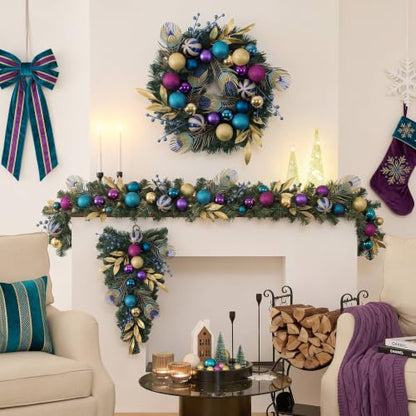 Valery Madelyn 6ft Pre-Lit Christmas Garland with Peacock Feather & Balls - color: Peacock, size: 6 feet