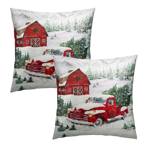 Giwawa Winter Red Truck Throw Pillow Covers 18x18 Inch Christmas Tree Pillowcase Set of 2 Holiday Decorative Cushion Cover for Sofa Couch Home Car - color: Christmas Red Truck, size: 18" x 18" (Pack of 2)