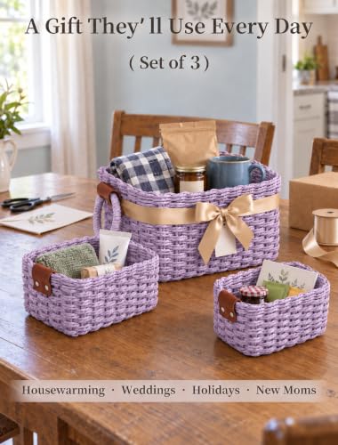 Small Wicker Baskets, 3 PCS Paper Rope Baskets for Shelves, Purple - color: Purple
