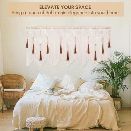 Large Macrame Wall Hanging, Boho Woven Tapestry with Wood Bead Tassel - size: Large