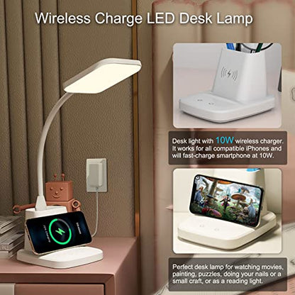 LED Desk Lamp with 10W Wireless Charging & Pen Holder, Snow White - color: Snow White
