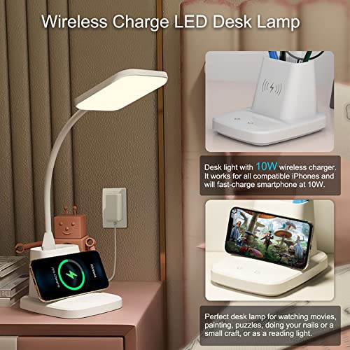 LED Desk Lamp with 10W Wireless Charging & Pen Holder, Snow White - color: Snow White