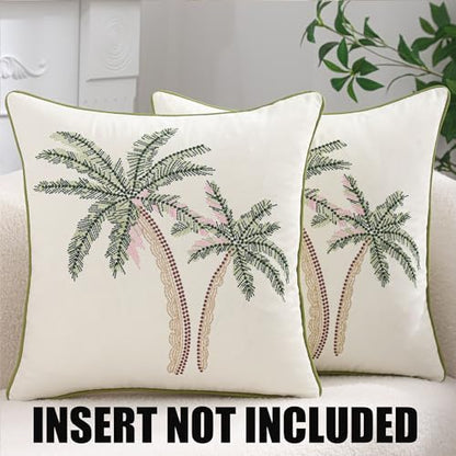 Embroidered Throw Pillow Covers 18x18 Pack of 2 Green and Pink - color: Green Pink Coconut Trees