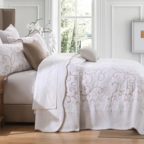 100% Cotton Oversized Bedspread Quilt Coverlet Set, 120"x102" - color: White/Beige-gold, size: Oversized Queen(120"x102")