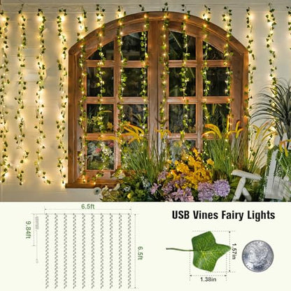 JMEXSUSS Vine Curtain Lights, 200 LED Vines with Fairy Lights for Bedroom - color: Ivy, size: 6.5x6.5ft - 200 LED