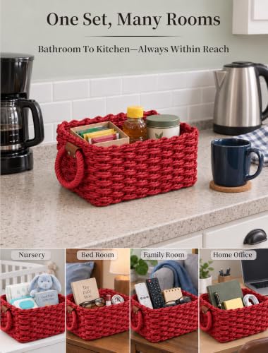 Small Wicker Baskets, 3 PCS Paper Rope Baskets for Shelves, Red - color: Red