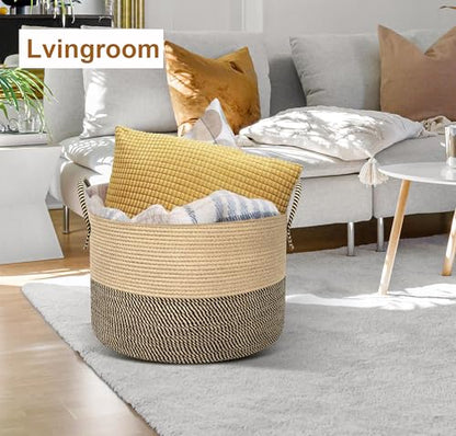XXXXL Extra Large blanket basket with lid 21"x21"x18" blanket storage for living room,Large woven storage basket round laundry basket rope basket 115L (Jute&Black) - color: Jute&Black