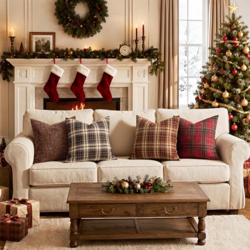 MIULEE Tartan Plaid Throw Pillow Covers Fall 18x18 Inch Reddish Brown - color: Reddish Brown, size: 18" x 18" (Pack of 2)