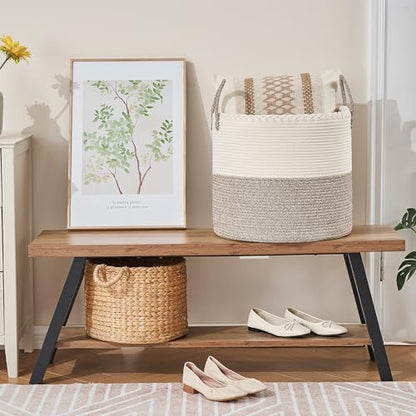 KAKAMAY Large Blanket Basket (18"x18"x16"),Woven Baby Laundry Hamper for Storage, Cotton Rope Blankets Baskets for Nursery, Laundry, Living Room, Pillows, Baby Toy chest with Handles (White/Beige) - color: Beige
