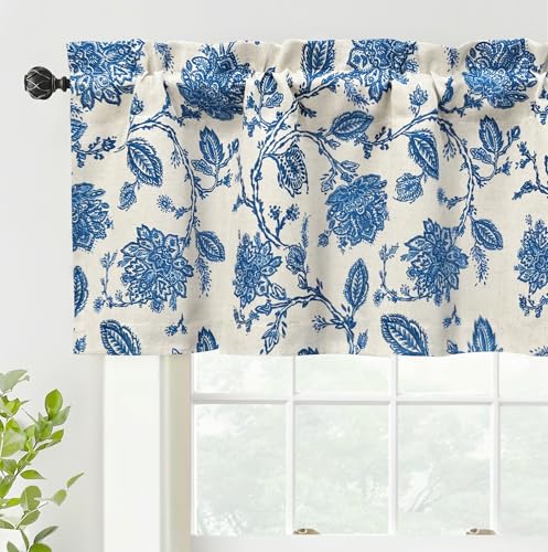 DriftAway Freda Jacobean Floral Linen Blend Blackout Thermal Insulated Energy Saving Privacy Window Linen Curtain Valance Rod Pocket 2 Layers Single 51 Inch by 18 Inch Plus 2 Inch Header Blue - color: Blue, size: 52"W x 18"L (Pack of 1)