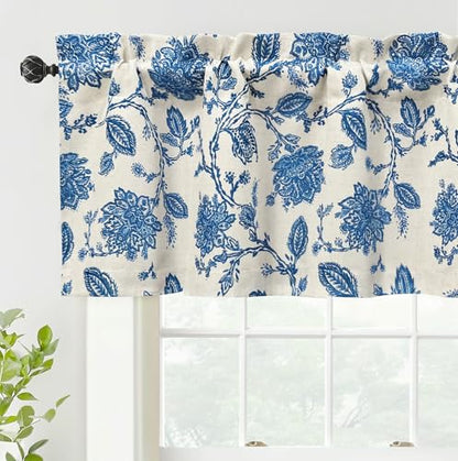 DriftAway Freda Jacobean Floral Linen Blend Blackout Thermal Insulated Energy Saving Privacy Window Linen Curtain Valance Rod Pocket 2 Layers Single 51 Inch by 18 Inch Plus 2 Inch Header Blue - color: Blue, size: 52"W x 18"L (Pack of 1)