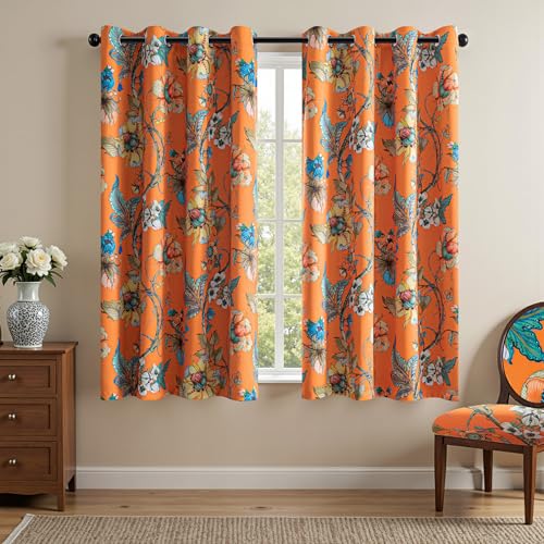 MYSKY HOME 95% Blackout Floral Curtains 63 Inches Long 2 Panels Set for Bedroom Thermal Insulated Light Blocking Curtain Printed Flower Vintage Style Grommet Top Drapes for Girls Room, 52" W, Orange - color: Orange, size: 52"W x 63"L (Pack of 2)