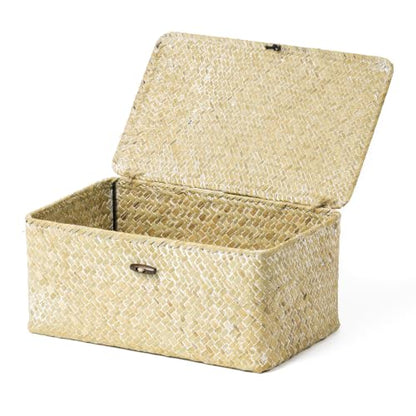 Nonam Medium Wicker Basket with Lid,Seagrass Shelf Storage Basket,White - color: M-White
