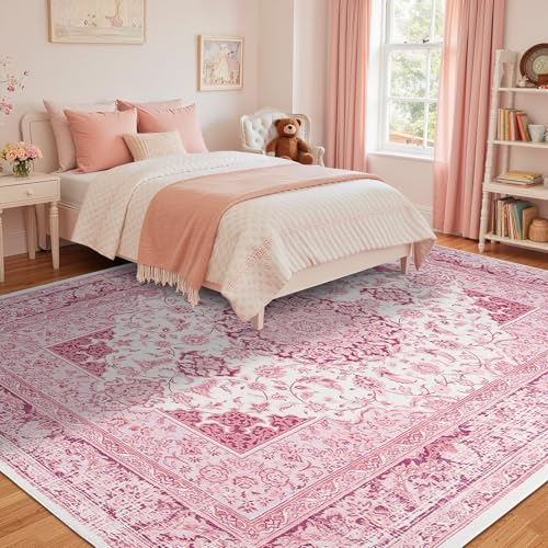 Macgace Washable Vintage Area Rug for Living Room, 6x9 Rugs Bright Pink - color: Pink & White, size: 8' x 10' (Rectangular)