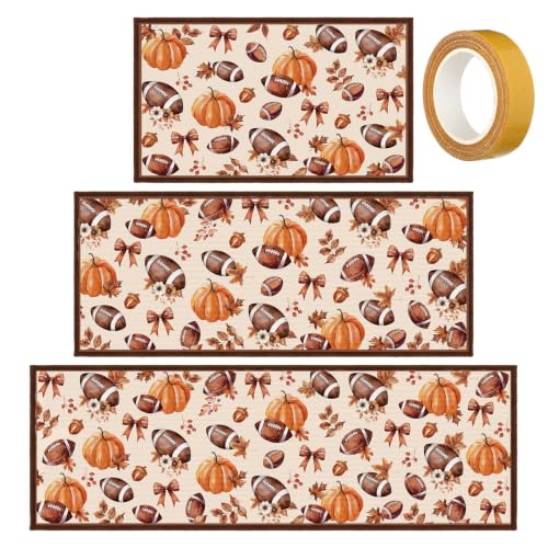 Fourluoo 3 Pcs Fall Football Pumpkin Kitchen Rugs and Mats Set - color: Beige