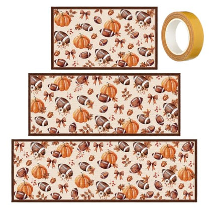 Fourluoo 3 Pcs Fall Football Pumpkin Kitchen Rugs and Mats Set - color: Beige