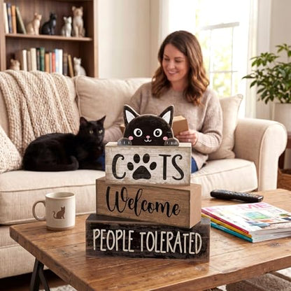 Lineshading 4 Pcs Cat Wooden Sign Set, Farmhouse Tiered Tray Decor - style: Cats