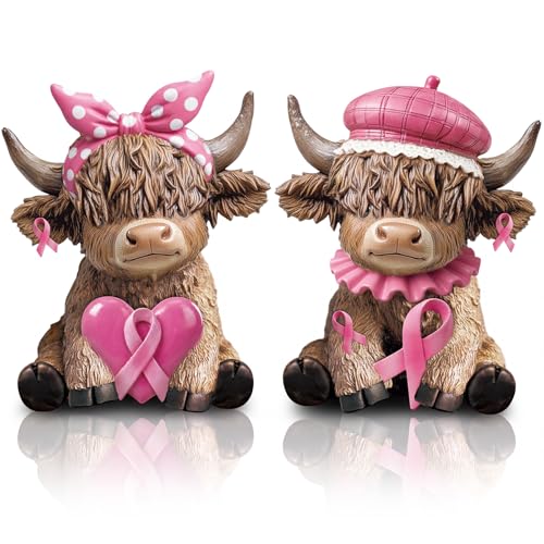 Karenhi 2 Pcs Breast Cancer Awareness Highland Cow Figurines, Pink Ribbon - style: Breast Cancer