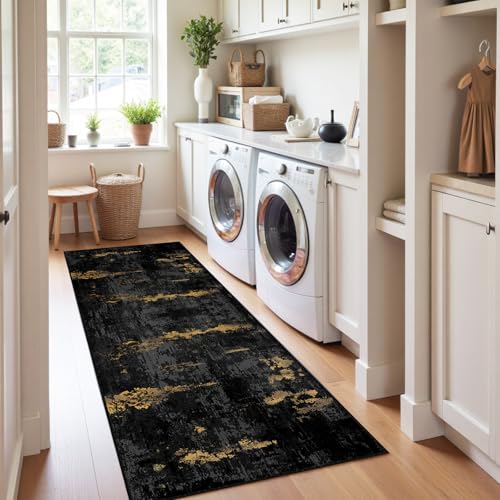 RELEANY Washable Runner 2'x10' Abstract Area Rug for Hallway Black Gold - color: Black/Gold, size: 2' x 10' (Runner)
