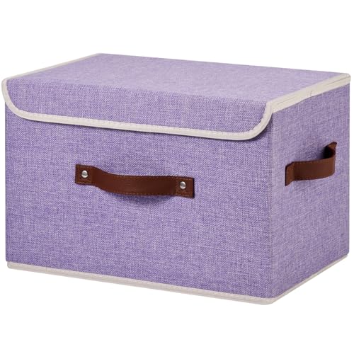 Storage Bins Box with Lids Decorative Cotton Linen Fabric Baskets | Foldable Washable Stackable Lidded Clothes Container, Shelf Closet Organizer, w/ PU Leather Handles & PP Boards, Purple-Large - color: Purple, size: Large ( Pack of 1 )