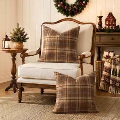 MIULEE Tartan Plaid Throw Pillow Covers Fall 18x18 Inch Brown - color: Brown, size: 18" x 18" (Pack of 2)