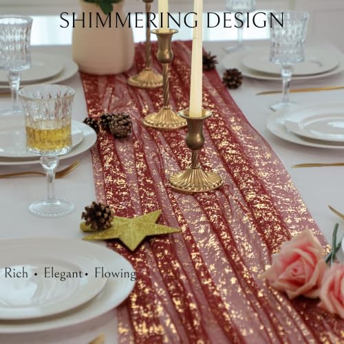 Snowkingdom 3Pcs 10Ft Burgundy Gold Gauze Sheer Table Runner - color: Burgundy Gold, size: 10FT/3Pcs