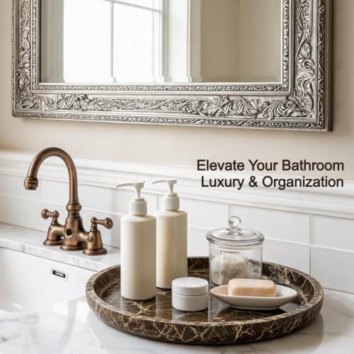 Marble Vanity Tray, Natural Hand Polished Round Serving Tray - color: Brown