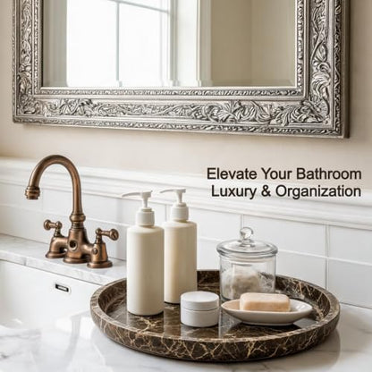 Marble Vanity Tray, Natural Hand Polished Round Serving Tray - color: Brown
