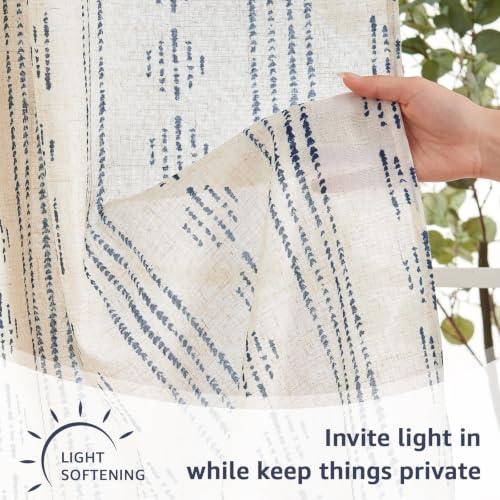 jinchan Linen Striped Tier Curtains for Kitchen Windows Blue Beige 26 x 24 - color: Boho Blue | on Beige, size: 26"W x 24"L (Pack of 2)