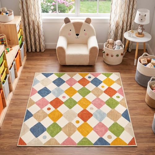 jinchan 4x4 Square Rug Washable Kids Rug Colorful Checkered Play Mat - color: Diamond Circus, size: 4' x 4' (Square)