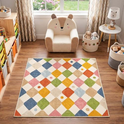 jinchan 4x4 Square Rug Washable Kids Rug Colorful Checkered Play Mat - color: Diamond Circus, size: 4' x 4' (Square)
