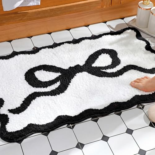 Tinideya Black Bow Bathroom Rug 36" x 24" Scalloped Bow Bath Mat - color: Black, size: 36" x 24" (Rectangular)