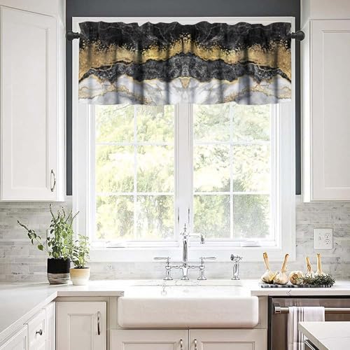 Black Gold Marble Valance Curtain, Abstract Luxury Black Grey White Crack Ink Marble Texture Print Blackout Short Window Treatment for Home Kitchen Bedroom Cafe, 54x18inch - color: Marble-2