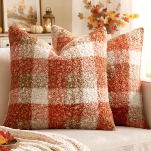 MIULEE Fall Plaid Pillow Covers Boucle Orange 16x16 Set of 2 - color: Orange, size: 16" x 16" (Pack of 2)