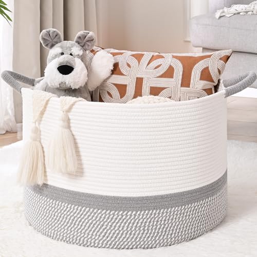 67L Large Blanket Basket, 20"x13" Blanket Basket Living Room, Woven Baskets With Handle, Toy Baskets for Blankets, Nursery, Dog, Pillow, Gift (White & Light Grey) - color: White & Light Grey, size: 67L