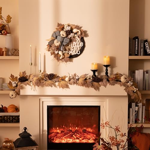 Valery Madelyn Fall Maple Leaves Garlands for Mantle, 6ft Halloween Garlands with Pumpkins Lights for Table Centerpiece, Thanksgiving Harvest Decorations for Home Mantle Fireplace Outdoor Decor-Beige