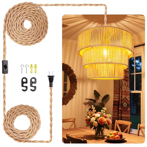 Maliralt Rattan Pendant Light Hanging Lamps - 16.4ft Plug in Cord Hanging Light Fixture Plug Into Wall Outlet Pendant Lighting with On Off Switch for Bedroom Living (3-Tier Rattan Lamp Shade) - size: 12.5 Inch-3-tier Ratan lampshade
