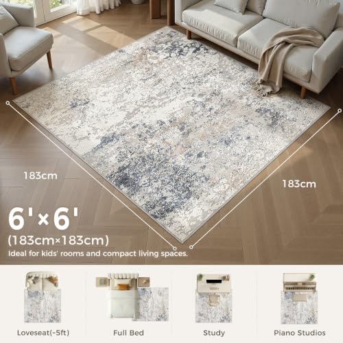 DMOYEST Square Area Rug Living Room Rugs - 6x6 Washable Large Soft Indoor Neutral Modern Abstract Low Pile Rug Carpet for Bedroom Dining Room Farmhouse Home Office - Beige Blue - color: Beige Blue, size: 6' x 6' (Square)
