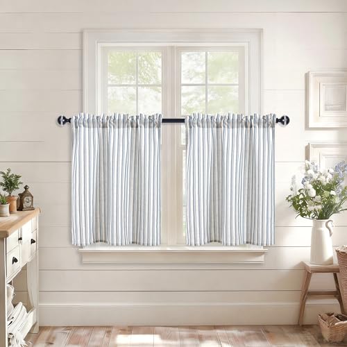 JIUZHEN Striped Linen Kitchen Curtains 2 Panels - Short Tier Drapes with Rod Pocket, Farmhouse Cafe Curtains for Small Windows 36 Inch Length, Vertical Striped Blue - color: Vertical Striped Blue, size: 26"W x 36"L (Pack of 2)