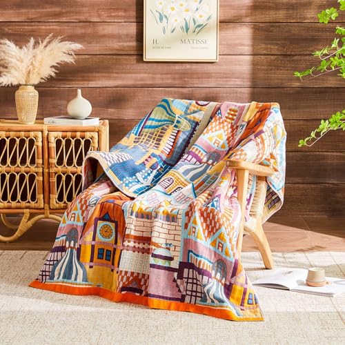 Boho Throw Blanket 100% Cotton Muslin Woven Blanket Bohemian Bed Throws Vintage Rustic Farmhouse Decor Reversible Bed Blanket Quilt for All Seasons（Pink 50"x60"） - color: B-pink Town, size: Throw-50"x60"